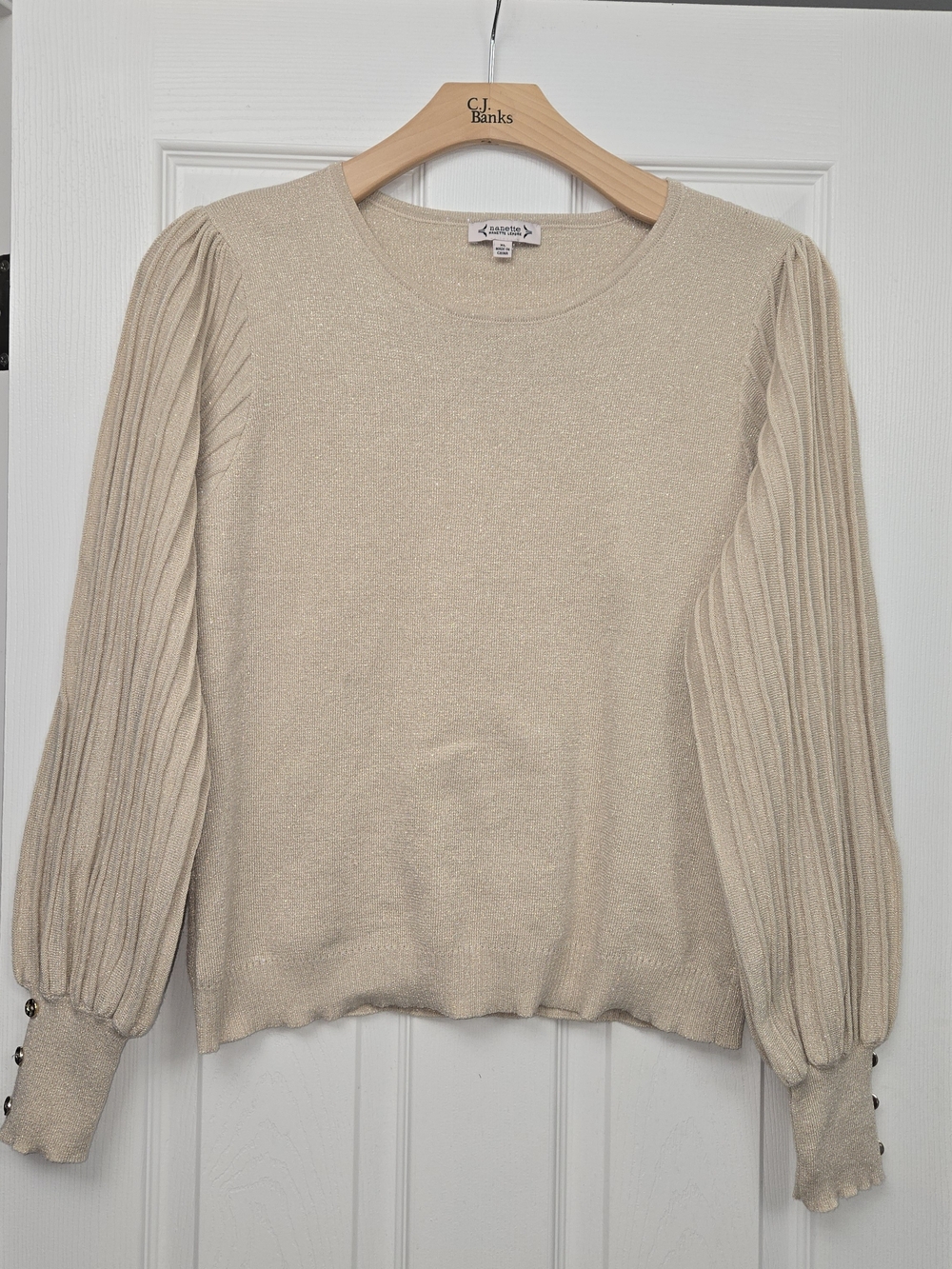 Nanette Nanette Lepore XL Champagne Gold Metallic Shimmer Sweater Pleated Sleeve